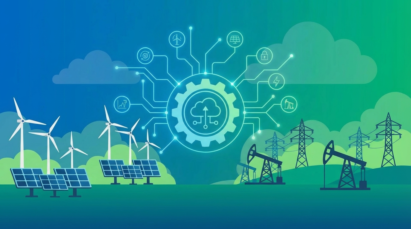 Digital Energy Transformation illustration with text: Digital Energy Transformation, Smart Grids, Renewables, Data Analytics.